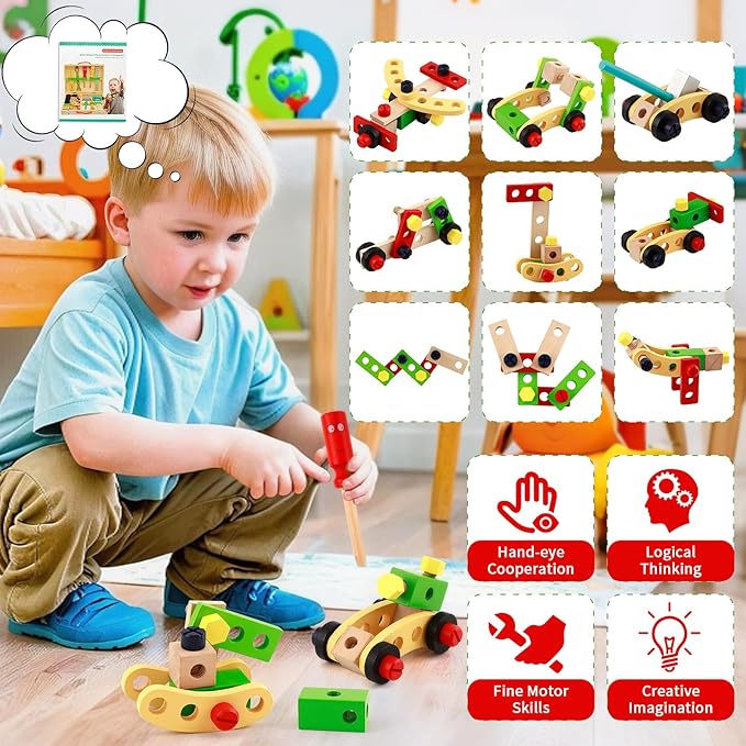 Kids Tool Set Wooden Toddler Play Tools Set with Tool Box, Montessori Educational Learning Toys STEM Construction Building Toy for 3 4 5 6 7 8 Years Old Kids Birthday Gifts for Boys and Girls
