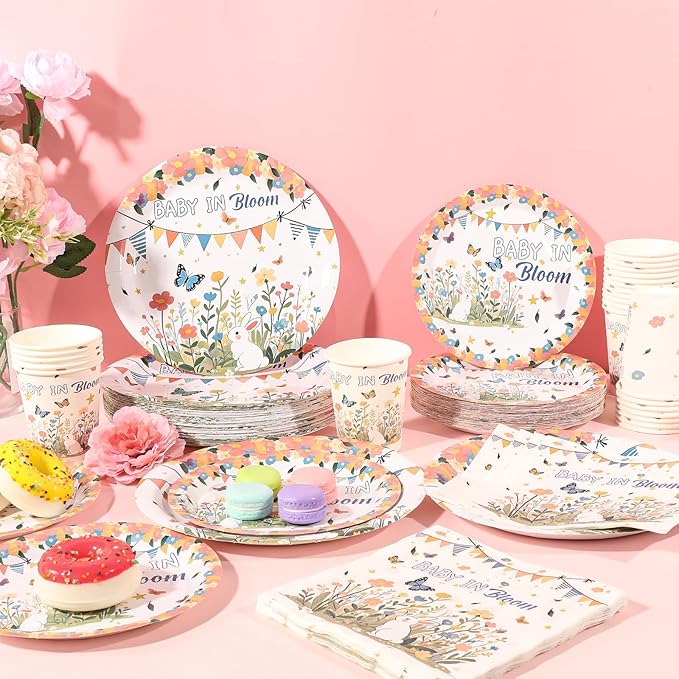 250 PCS Baby in Bloom Baby Shower Decorations Plate Set, Wildflower Paper Plates Napkins and Cups for Birthday Garden Gender Revealing Party Serve 50 Guest