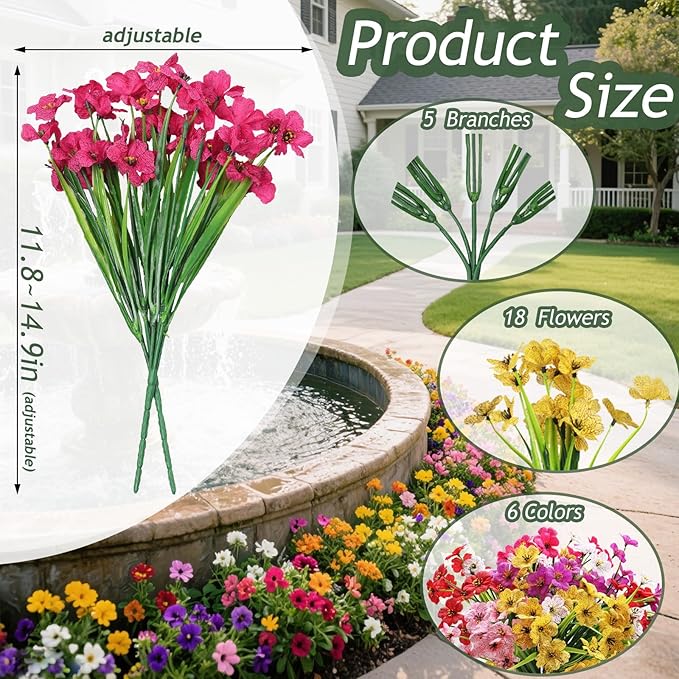 Grever 24 Bundles Artificial Flowers for Outdoor 6 Multicolor UV Resistant Fake Plastic Flowers Faux Plants for Wedding Farmhouse Garden Porch Window Box Indoor Decoration