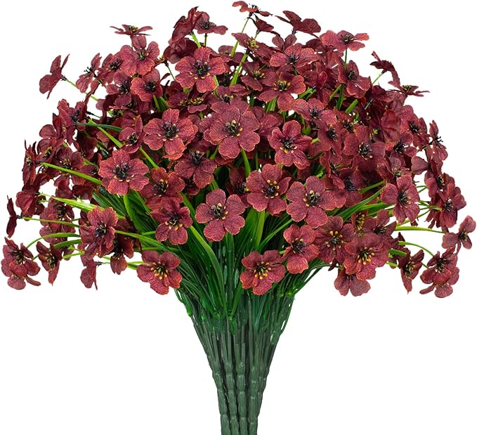 15 Bundles Artificial Flowers UV Resistant Outdoor Plants No Fade Faux Plastic Shrubs Fake Silk Flowers Window Box Garden Porch Home Decoration (Wine Red)