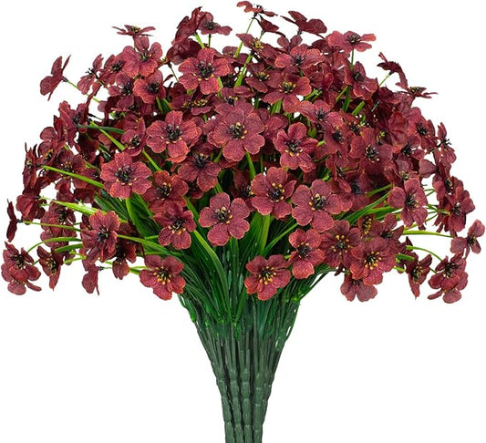 15 Bundles Artificial Flowers UV Resistant Outdoor Plants No Fade Faux Plastic Shrubs Fake Silk Flowers Window Box Garden Porch Home Decoration (Wine Red)