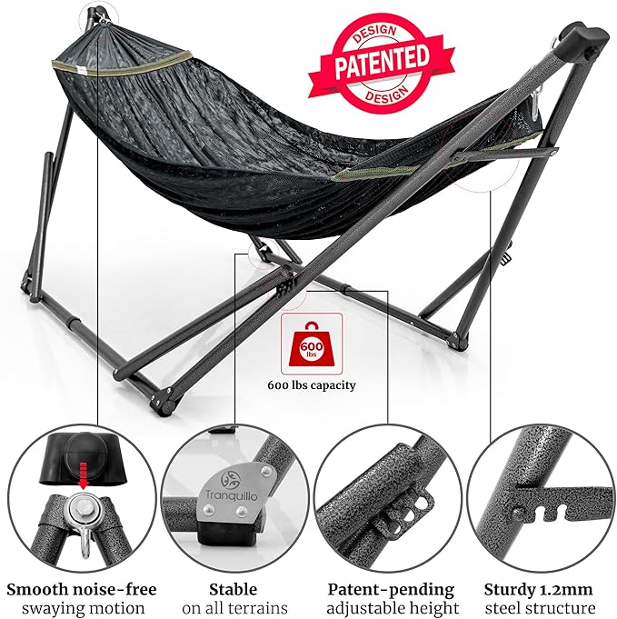 Tranquillo Universal Hammock with Stands Electro Static Coated Steel, Adjustable Foldable Hammock Stand with 2 Layered Polyester Net and Carry Bag for 2 Persons (Combo - Black)