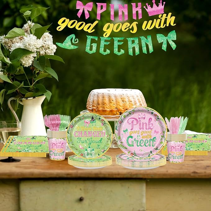 121Pcs Pink and Green Witch Party Decorations for Girls Boys Witch Movie Birthday Party Supplies Tableware Paper Plates Napkins Cups Banner Knife and Fork Baby Shower Tableware Set Serve 20 Guests