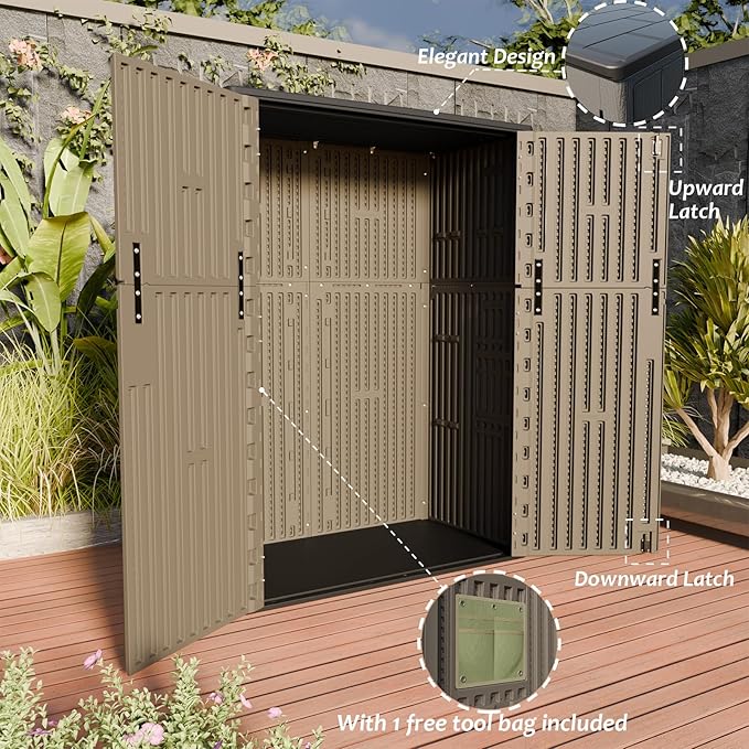 HOMSPARK Outdoor Storage Shed Weather Resistance, Patio Storage Cabinet Lockable Resin Tool Shed for Storage of Bike, Trash Cans, Garden Tools (Shallow Coffee, 66 Cu.ft)