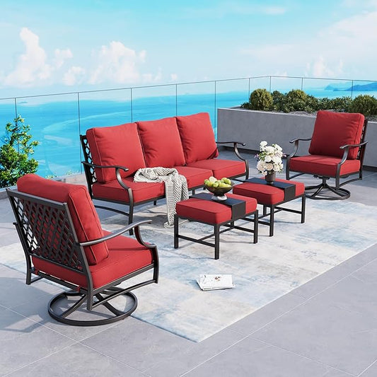 5 Piece Metal Outdoor Patio Furniture Sets, Patio Conversation Sets 1 3-seater Sofa, 2 Swivel Chairs, 2 Ottomans with 5.75" Thick Cushion, Black All-weather Backyard Furniture Set, Red