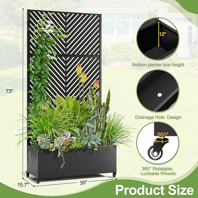 Raised Garden Bed with Trellis and Wheels,73"x35"x16" Metal Raised Garden Bed,Black Parallel Metal Planter with Climbing Trellis for Vines & Vegetables