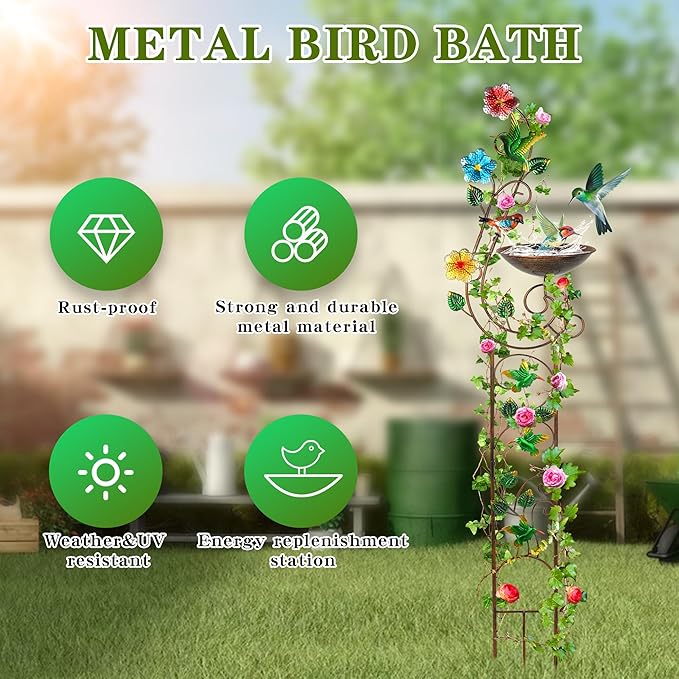 57” Bird Bath with Garden Trellis for Climbing Plants Outdoor, Small Decorative Metal Birdbath Bird Baths (Redbird)