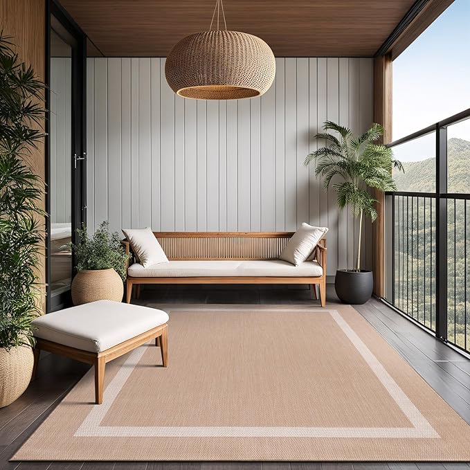 Bordered Outdoor Rug 10x14 Washable Outside Carpet for Indoor Patio Porch Waterproof Easy Cleaning Non Shedding Area Rugs Beige 10 x 14