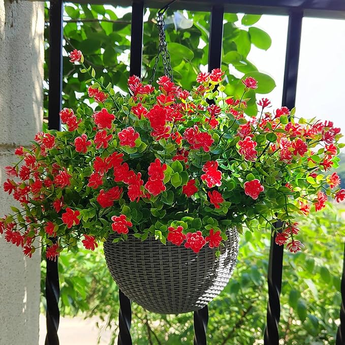 12 Bundles Artificial Flowers for Outdoors, UV Resistant Fake Flowers with Plastic Plants, Faux Flowers for Outside Window Box Front Porch Hanging Planter Decor (Red)