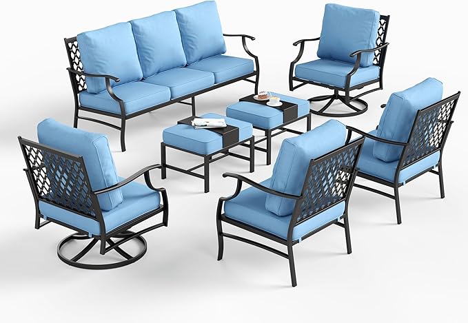 7 Piece Metal Outdoor Patio Furniture Set, Patio Conversation Sets 1 3-seater Sofa, 2 Fixed Chairs, 2 Swivel Chairs, 2 Ottomans with 5.75" Thick Cushion, Black Backyard Furniture, Blue
