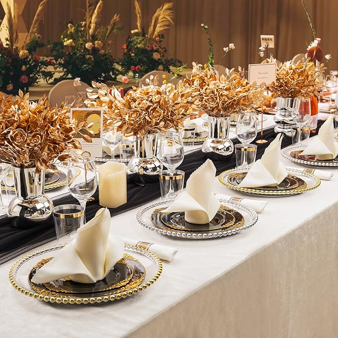 Hioasis 350pcs Black and Gold Plastic Plates - Diposable Dinnerware Set Suitable for 50 Guests Include 10.25" Dinner & 7.5" Dessert Plates, Pre Rolled Silverware Set, Cups for Party & Halloween