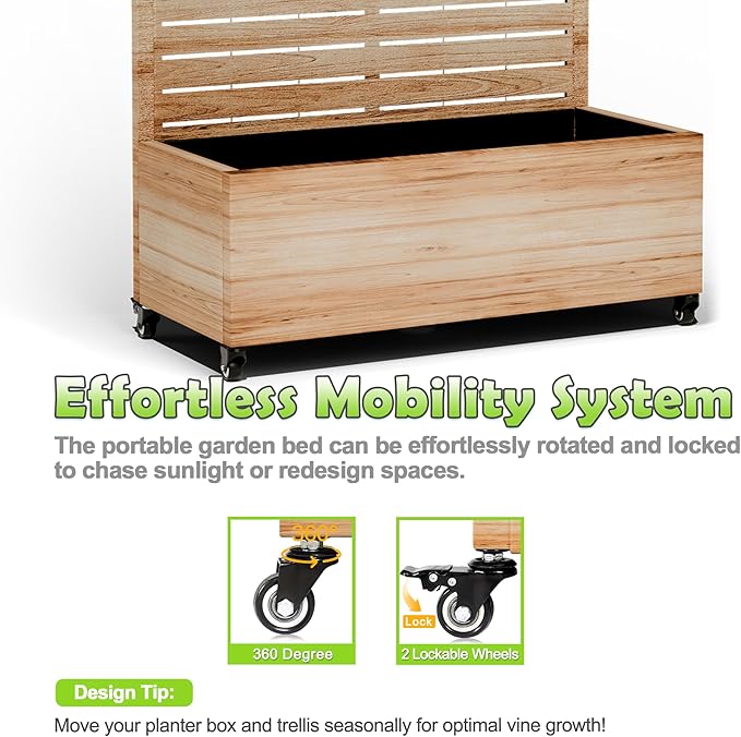 15.7"×70.9"×35.4" Metal Raised Garden Bed with Trellis and Wheels - Tall Trellis Planter Box for Climbing Plants, Vegetables & Vines - Outdoor Privacy Planters for Patio (Acacia Wood Grain-Louvered)