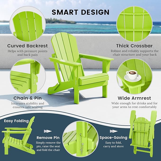 Westin Outdoors Laguna WO Home Furniture Adirondack Chair 2 PCS Set Outdoor Folding Patio Chair for Bon Fire Pit Garden Lawn Backyard Lounging Relaxing (Lime Green)