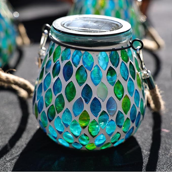 Cooo 2 Pack Mosaic Solar Lantern Outdoor Waterproof IP68 Hanging Projection Light Hidden Lid Pear-Shaped Lantern with Rope Handle Solar Powered Auto On for Patio Garden Fence Table - Azure Lattice