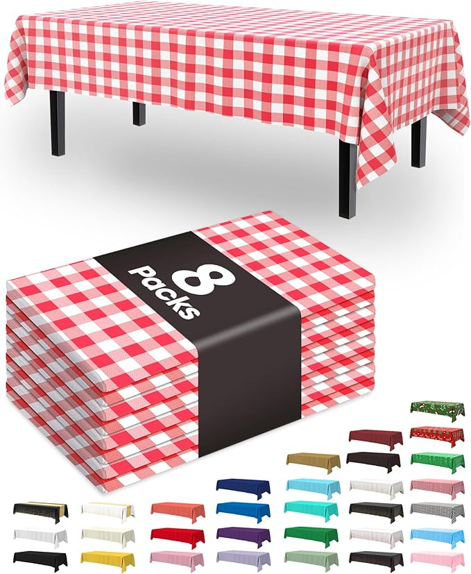 Pureegg Plastic Table Cloth Disposable 8 Pack, 54 x 108 Inch Table Cloths, Party, Picnic, Decorative Gingham Tablecloths, Rectangle, Red and White Checkered Cover, Leakproof & Sturdy, Red Plaid