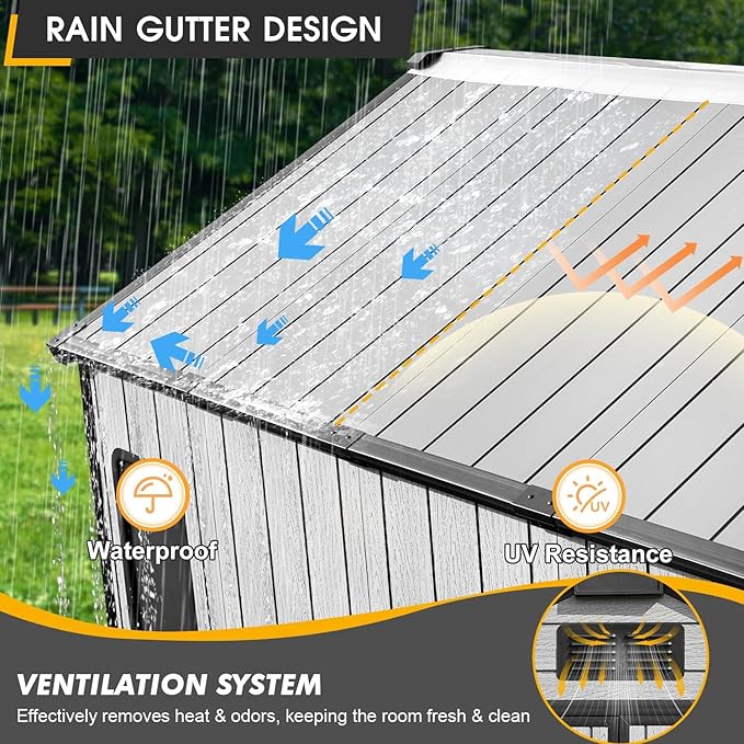 8 x 12 FT Resin Storage Shed, All-Weather Plastic Garden Outdoor Shed with Floor, Lockable Doors & Windows, Plastic Tool Shed for Poolside, Backyard, Patio