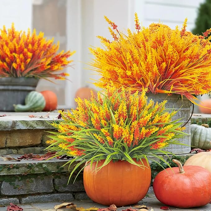 20 Bundles Artificial Plants Outdoor Fake Monkey Grass with Flowers (Orange Red)