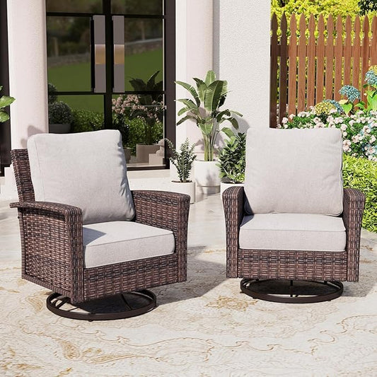 Patio Wicker Swivel Chairs Set of 2, Outdoor High Back Chairs with 5.5" Waterproof Cushions, Outdoor Furniture Set for Deck Porch and Yard, Peacock Blue
