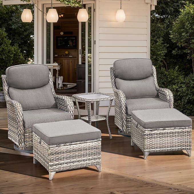 HUMMUH 6-Piece Outdoor Wicker Patio Furniture Set with Swivel Glider Chairs, Loveseat & Ottomans 5” Olefin Cushions Ergonomic Neck-Lumbar Backrest All-Weather Rattan for Garden, Deck, Porch