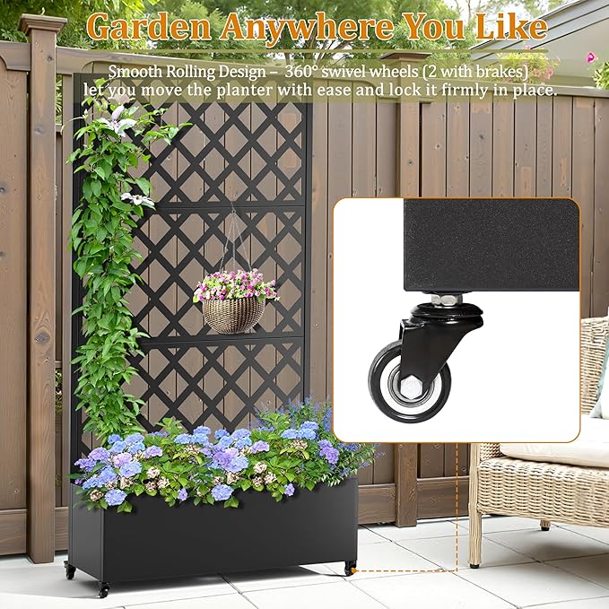 Metal Planter Box with Trellis, Heavy-Duty Raised Garden Bed for Climbing Plants, Drainage Hole, Outdoor Planter Box with Privacy Screen，35''L×16''W×71''H