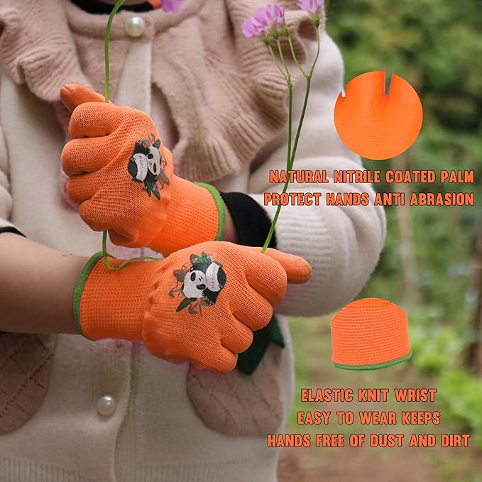 HANDLANDY 2 Pairs Kids Gardening Gloves, Toddler Children Garden Yard Work Outdoor Playing Gloves, Rubber Coating, for Girls Boys Youth (Size XL, Orange)