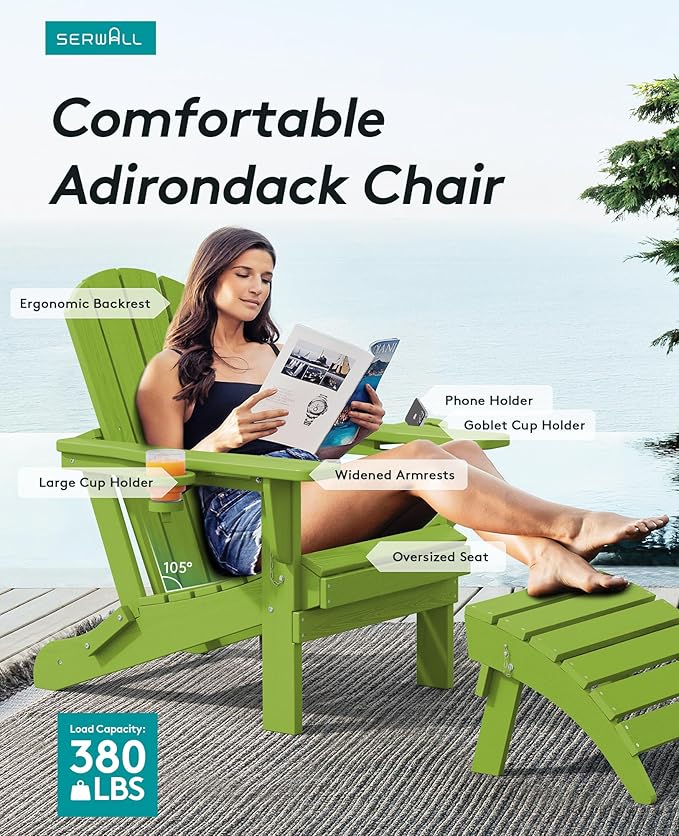 SERWALL Adirondack Chair with Cup Holders - Composite Adirondack Chairs Set of 6 HDPE Outdoor Chairs All Weather Use- Apple