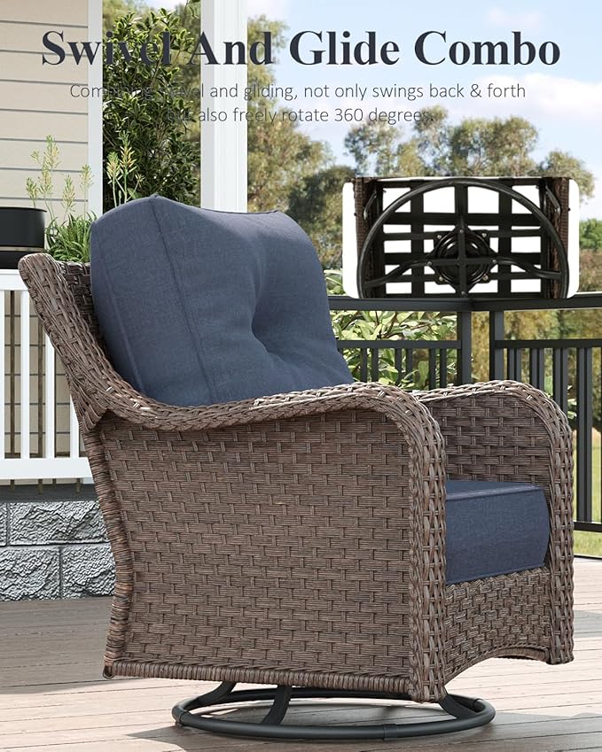 LayinSun 7 Piece Wicker Outdoor Furniture Set with 6-inch Comfy Cushions, High Back Patio Furniture Set with Swivel Rocking Chairs and Fire Pit Table