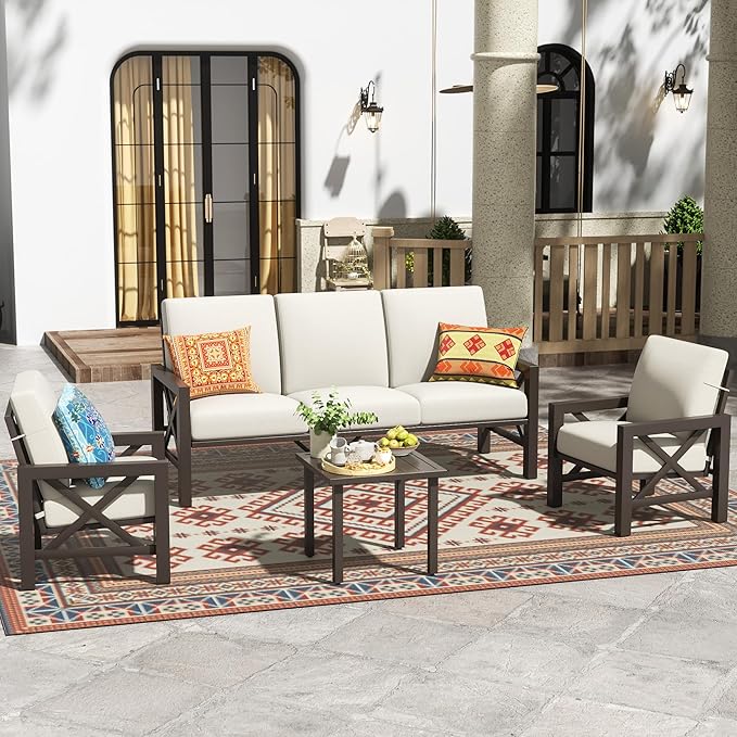 NATURAL EXPRESSIONS 4 Pieces Patio Furniture Set, Outdoor Furniture Sofa Sectional Modern Metal Patio Conversation Set with High Back Backrest & 3 Seater Loveseat and 2 Fixed Chairs