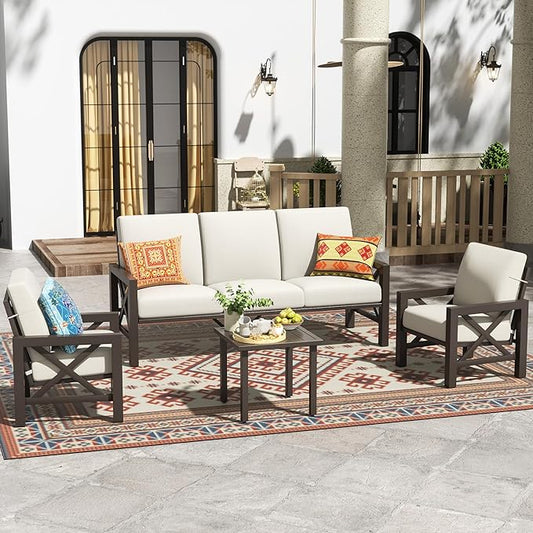 NATURAL EXPRESSIONS 4 Pieces Patio Furniture Set, Outdoor Furniture Sofa Sectional Modern Metal Patio Conversation Set with High Back Backrest & 3 Seater Loveseat and 2 Fixed Chairs