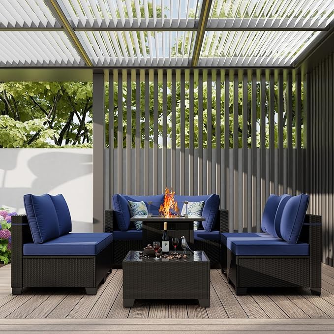 Patio Furniture Set with Fire Pit Table 28", 8-Piece Outdoor Furniture Set with Thick Cushions, Wicker Sectional Sofa for Porch Garden Backyard, Coffee/Blue