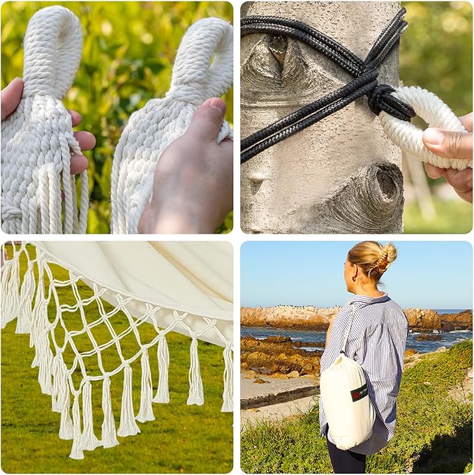JoyView Boho Macrame Single Hammock with Hanging Ropes & Elegant Tassels 78.8x39.4 Portable Cotton Hammock for Patio Backyard Porch 300LBS Weight Capacity Perfect for Outdoor/Indoor - Beige Color