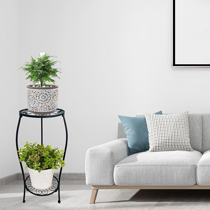 2 Pack 25.2 inch Metal Plant Stand Rack for Round Flower Pot, 2 Tier Potted Holder Indoor Outdoor Rustproof Wrought Iron Heavy Duty Planter Shelf for Corner Living Room Balcony Garden Patio, Black