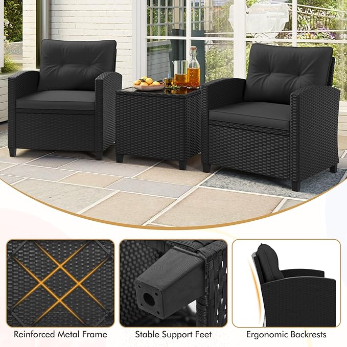 HAPPYGRILL 3 Pieces Wicker Patio Conversation Set, PE Rattan Bistro Sofa Set with Tempered Glass Coffee Table, Washable Cushions, Outdoor Furniture Set for Garden Poolside Balcony (Black)