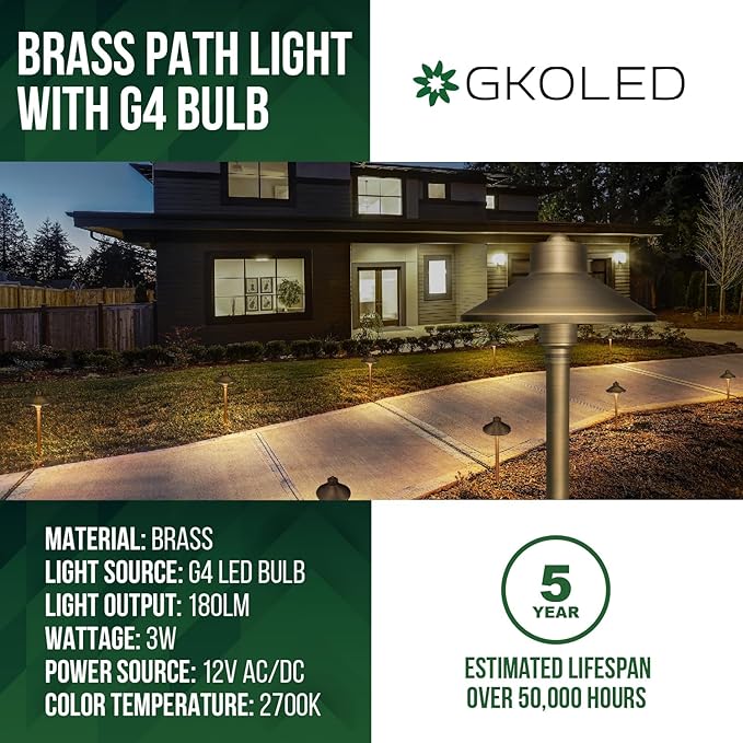 GKOLED Solid Brass Landscape Path Lights (6.7" Shade, 20" Tall), Low Voltage LED 3W 12-24V AC/DC China Hat Path Lighting, 2700K Outdoor Waterproof Walkway Light, with Stake and G4 Bulb, 2 Pack