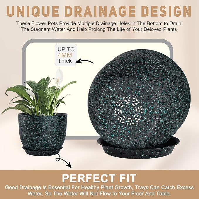 Plant Pots 10/9/8/7.5/7 inch Set of 5,Flower Pots with Multi Mesh Drainage Holes, Large Planters for Indoor Outdoor Garden Plants and Flowers. (Green Speckles)