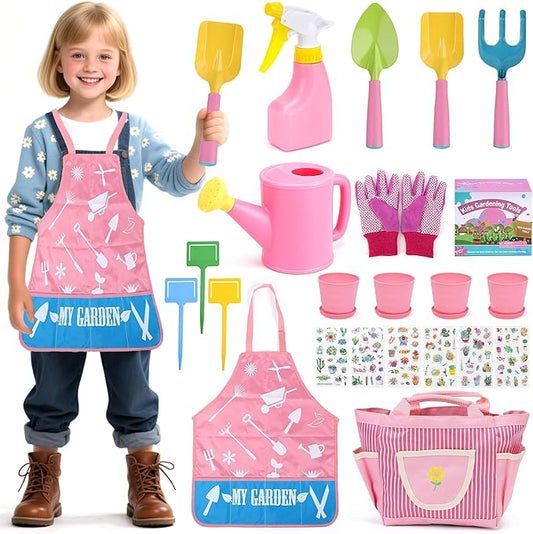 Kids Gardening Tools Set with Tote Bag – 13Pcs Garden Toy Kit for Toddlers, Includes Metal Shovel, Rake, Trowel, Watering Can, Gloves, Pots, Apron, DIY Bookmark & 3D Garden Stickers