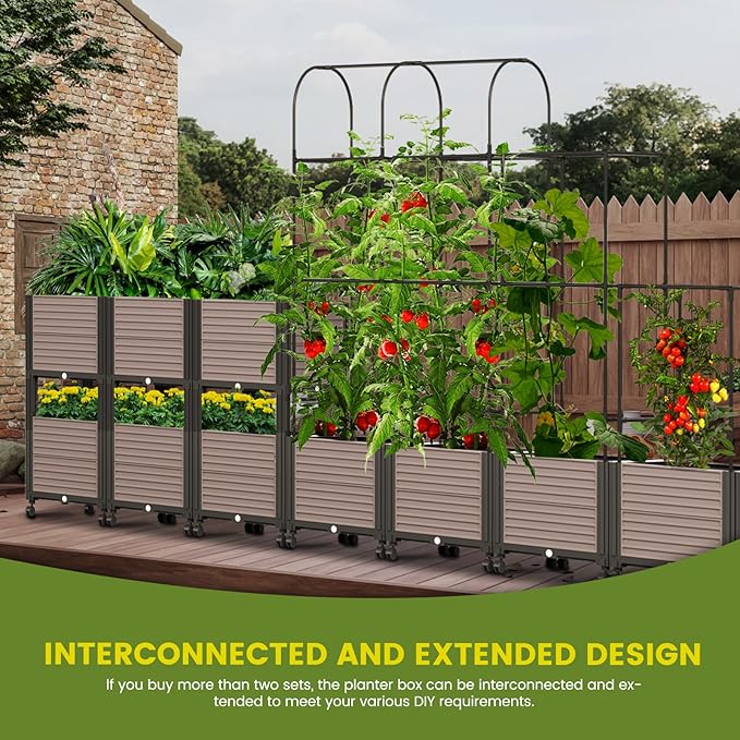 Raised Garden Bed Planter Box with Trellis, 61'' Tomato Planters for Climbing Plants Vegetable Vine Flowers Outdoor Patio Tomato Cage, Self Watering Planter with Wheels