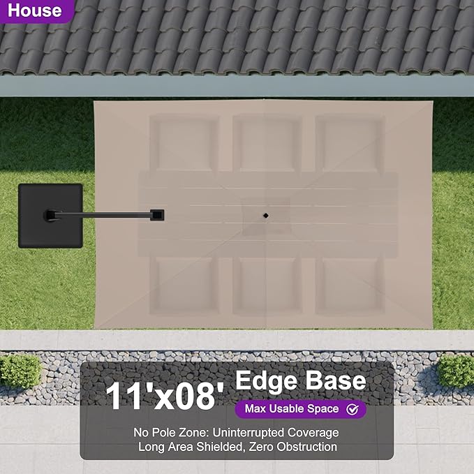 PURPLE LEAF 11' X 8' Swivel Outdoor Patio Aluminum Umbrella with Base Left-right Tilting Cantilever Offset Umbrella with UV Resistant Heavy Duty Fabric for Deck Pool Patio Backyard, Sand Dune