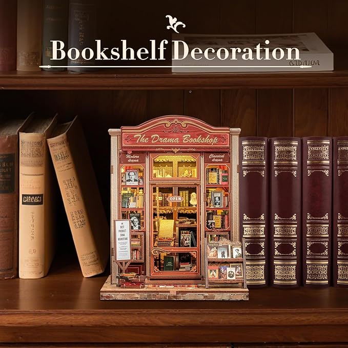 Fsolis Book Nook Kit, DIY Miniature Scene Kit for Adults and Beginners 3D Wood Puzzles Tiny House Room Kit Mini Craft Bookshelf Decor Gifts for Women Teenagers Book Lovers (The Drama Bookshop)