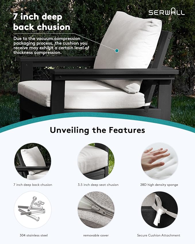 SERWALL HDPE Patio Conversation Set, 6-Piece Sectional Outdoor Furniture Set, All Weather Outdoor Couch Set Patio Furniture Set for Deck, Lawn, Black Frame with Khaki Cushion