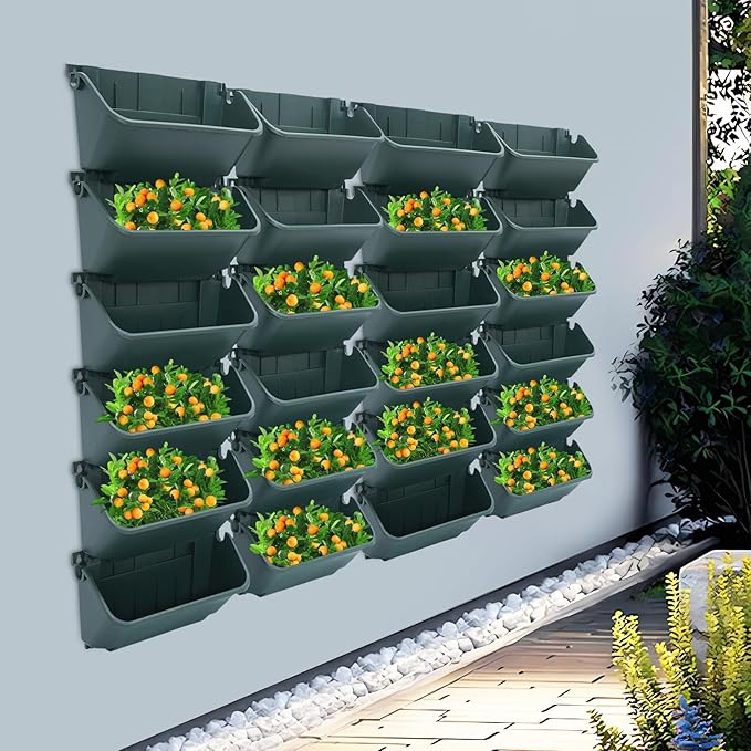 Vertical Wall Planter with 24 Plastic Pots, Wall-Mounted Garden Planter Stackable Wall Hanging Flower Pot Clasp Design with Grooves Drainage Holes for Indoor and Outdoor (Army Green 24)