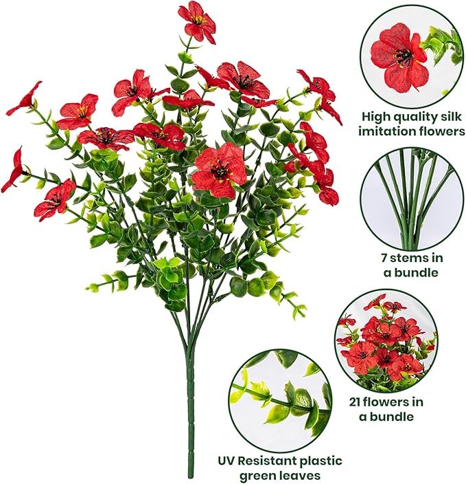 20 Bundles Artificial Flowers for Outdoor Fake Plants for Spring Decoration,Faux Eucalyptus Flowers for Planter UV Resistant Lifelike for Home Porch Garden（7 Color）