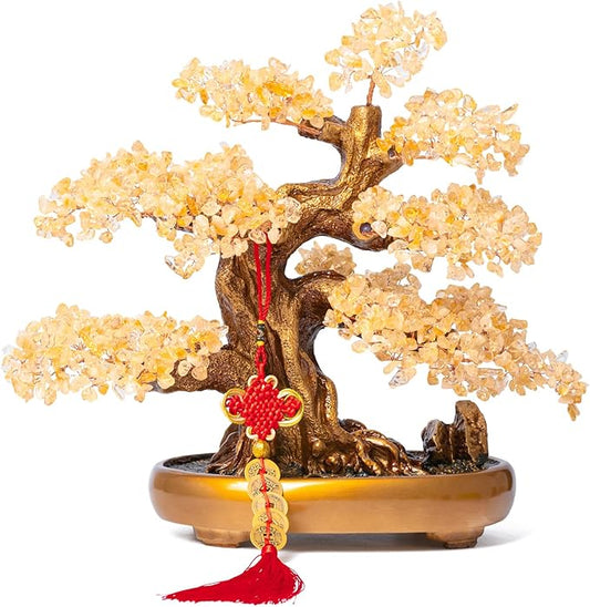 Natural Citrine Gemstone Crystal Bonsai Tree of Life Large Feng Shui Money Chakra Tree for Luck and Wealth Desk Decoration(1,251 Gem Count)