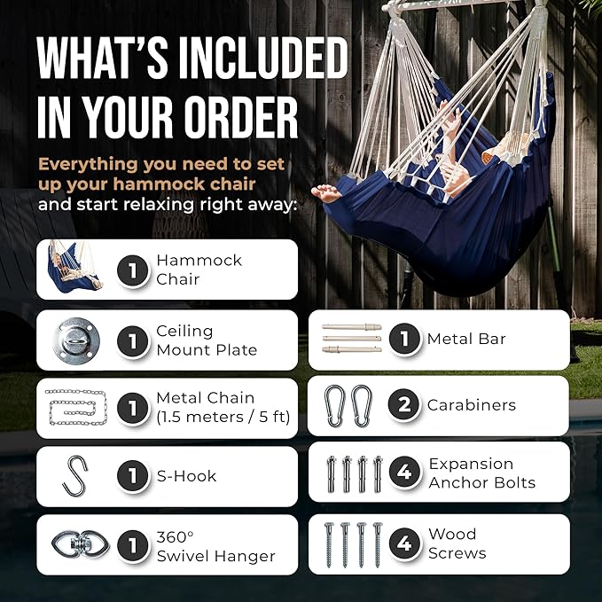Hanging Hammock Chair Swing – Hanging Chair Outdoor & Indoor - Hammock Swing Chair – Quick & Easy Setup with Hardware Kit – Durable & Spacious Full Body Support – Holds 440 Lbs