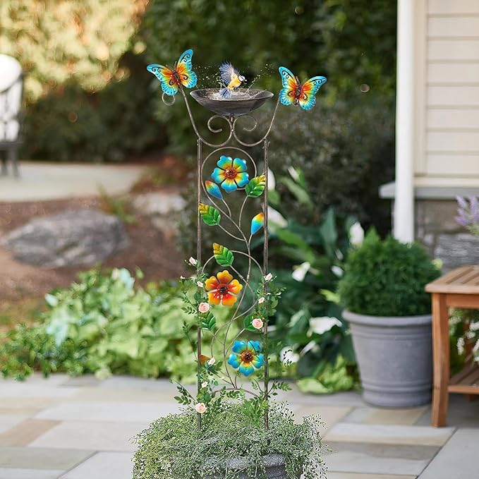 SUNNYPARK Bird Bath with Trellis Outdoor, Antique Garden Iron Plant Trellis with Decorative Floral-Butterflies Detachable Bird Bath Bowl Metal Potted Plants Support for Climbing Flowers