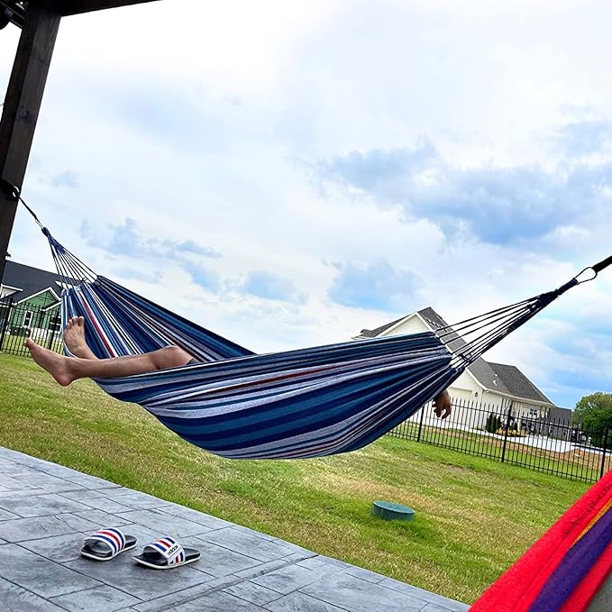 ANYOO Cotton Hammock Portable Camping Hammocks for Hanging Sturdy Garden Comfortable Fabric Hammock with Tree Straps Up to 660lbs with Travel Bag for Camping Outdoor/Indoor Patio Backyard