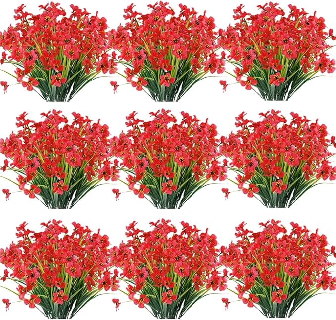 30 Bundles Artificial Flowers Outdoor UV Resistant Fake Flowers No Fade Faux Plastic Plants Garden Porch Window Box Decorating(Rose red)