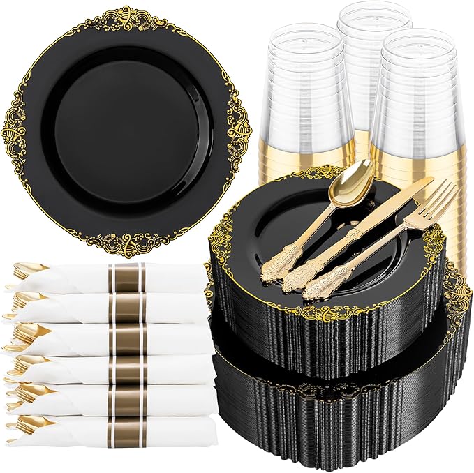 Hioasis 350pcs Black and Gold Plastic Plates - Diposable Dinnerware Set Suitable for 50 Guests Include 10.25" Dinner & 7.5" Dessert Plates, Pre Rolled Silverware Set, Cups for Party & Halloween