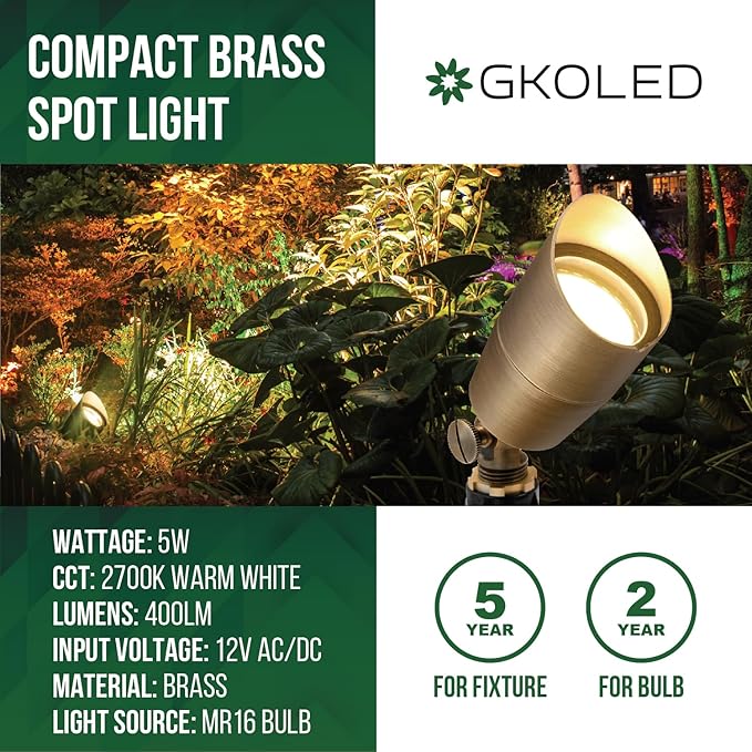 GKOLED 6 Pack Solid Brass Low Voltage Compact Spotlight, 12V AC/DC Waterproof Outdoor Landscape Spot Lights, Up Light with 5W 2700K MR16 Bulb for House Trees Garden Yard Lawn, Stake Included