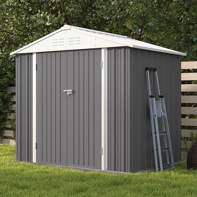 Patiowell 8x6 FT Outdoor Storage Shed, Garden Storage Shed with Sloping Roof and Double Lockable Door, Outdoor Shed for Backyard Garden Patio Lawn, Gray